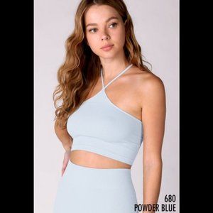 New Light Blue Ribbed Halter Crop Bralette Top One Size